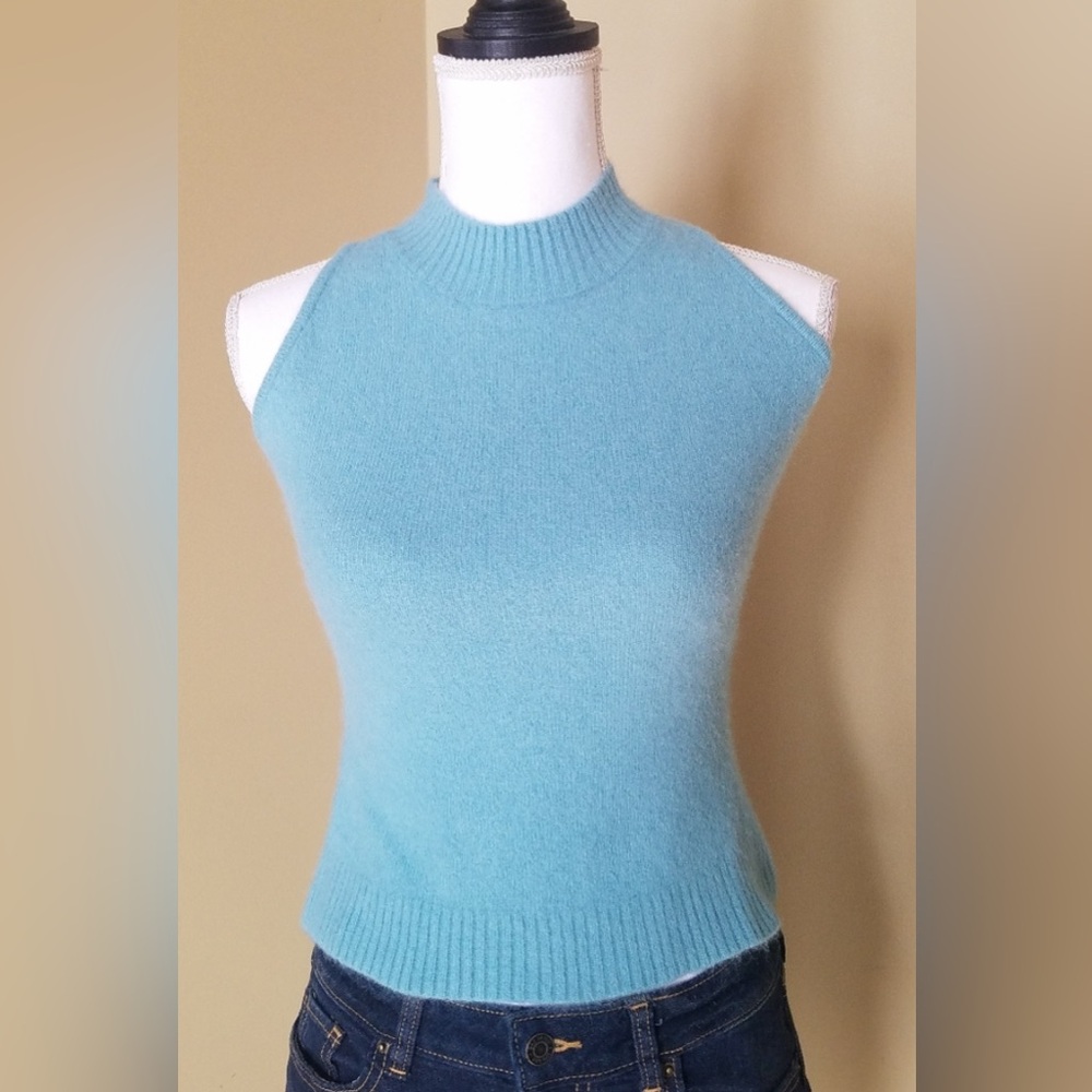 Wool Fitted Sleeveless Mock Turtleneck Sweater from Italy - Baby Blue